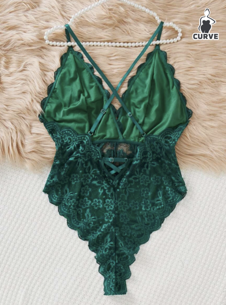 Floral Lace Scallop Trim Cross Back Teddy Bodysuit - 4xl - dark green